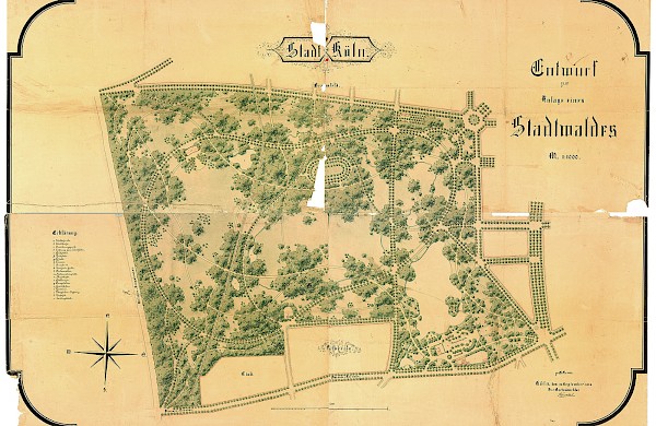 Der Plan von Adolf Kowallek aus dem Jahr 1895 zeigt detailliert die gesamte Anlage des Stadtwaldes. (Foto: Archiv der Stadt Köln)